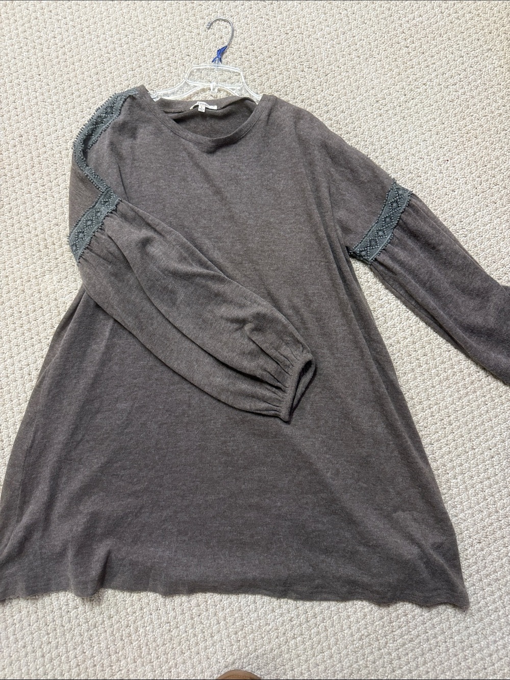 easel Charcoal Gray Long Sleeve Swing Dress with Lace Trim